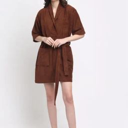 Creeva Brown Cotton 400 GSM Small Bathrobe-image-8