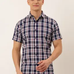 Jainish Navy Cotton Regular Fit Checks Shirt-image-55
