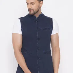 John Pride Navy Regular Fit Denim Nehru Jacket-image-20