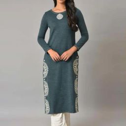 W Blue Embroidered Straight Winter Kurta-image-33