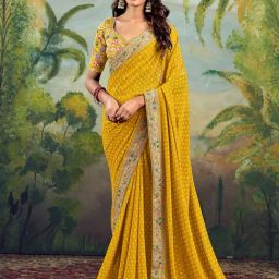 Satrani Yellow Georgette Printed Saree With Unstitched Blouse-image-7