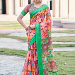 Satrani Pink & Green Floral Print Saree With Unstitched Blouse-image-54