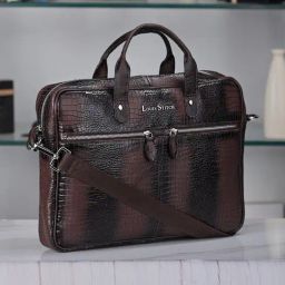 Louis Stitch Brunette Brown Textured Leather Medium Laptop Messenger Bag-image-89