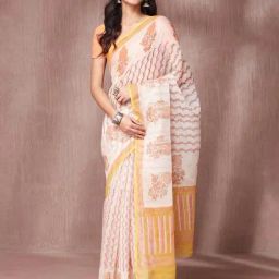 Fabindia Yellow & White Pulkari Saree-picture-25