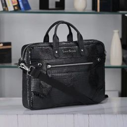 Louis Stitch Jet Black Textured Leather Medium Laptop Messenger Bag-13
