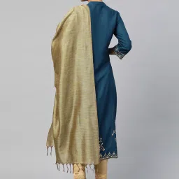 Juniper Dark Teal Ethnic Motif Printed Rayon Straight Kurta & Dupatta Set With Buttons image 2