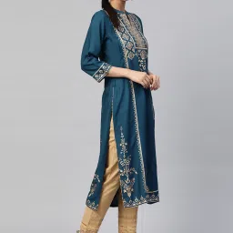 Juniper Dark Teal Ethnic Motif Printed Rayon Straight Kurta & Dupatta Set With Buttons image 3