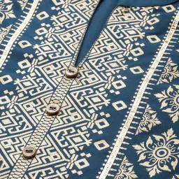 Juniper Dark Teal Ethnic Motif Printed Rayon Straight Kurta & Dupatta Set With Buttons image 5