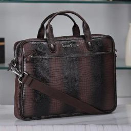 Louis Stitch Brunette Brown Textured Leather Medium Laptop Messenger Bag-image-90