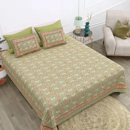 Texstylers Green & Multicoloured Floral 210 TC Queen Bedsheet with 2 Pillow Covers-7