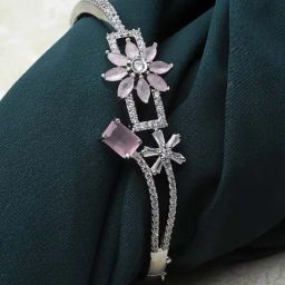 Zeneme Rhodium Plated Silver Toned Flower Pink American Diamond Kada Bracelet-18