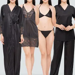 Romaisa Women Satin T-shirt Trousers Robe Lingerie Nightwear Set-picture-42