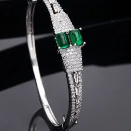 Zeneme Rhodium Plated Silver Toned Crystal Green American Diamond Kada Bracelet-15
