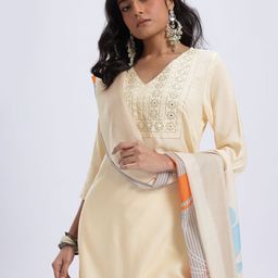 HERE&NOW Zari Embroidered Mirror Work V-Neck Straight Kurta with Trousers & Dupatta-picture-19