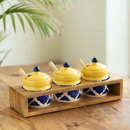 ExclusiveLane Blue & Yellow Ceramic Moroccan 3 Jars With Lids, 3 Spoons, 1 Holder Set-15