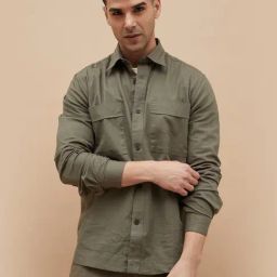 Code By Lifestyle Green Cotton Linen Regular Fit Shacket-31
