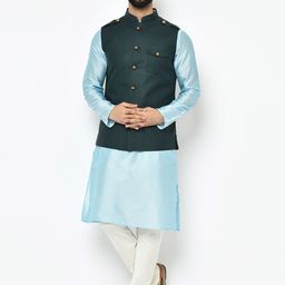 KISAH Men Blue & White Solid Kurta with Pyjamas & Nehru Jacket image 1