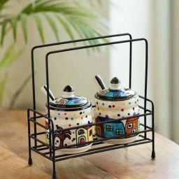 ExclusiveLane Multicolor Ceramic The Spread Of Huts 2 Jars With Lids, 2 Spoons, 1 Caddy Set-2