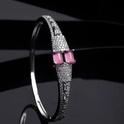 Zeneme Rhodium Plated Silver Toned Crystal Pink American Diamond Kada Bracelet-image-87