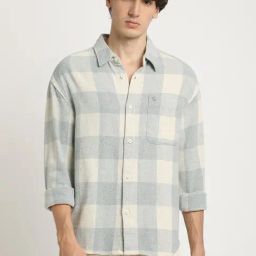 The Bear House Grey Cotton Relaxed Fit Checks Shirt-image-95