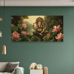 Nestroots Grey & Pink Canvas Serene Ganesha On Lotus Blossom Wall Painting - Gold Floating Frame-29