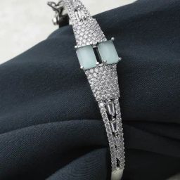 Zeneme Rhodium Plated Silver Toned Crystal Green American Diamond Kada Bracelet-image-23
