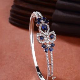 Zeneme Silver Toned Rhodium Plated Blue American Diamond Floral Openable Bracelet-62