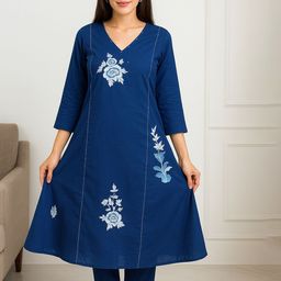 Aasira Floral Printed V-Neck Panelled Pure Cotton A-Line Kurta With Trousers-image-86