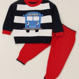 ToffyHouse Full Sleeves Winter Wear Set Bus Embroidery - Navy Red-25