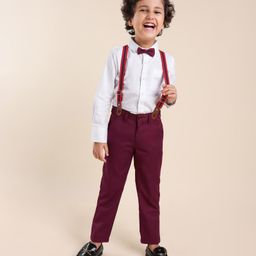 Babyhug Full Sleeves Party Solid Color Shirt & Pant with Bow & Suspender - White & Maroon-image-22