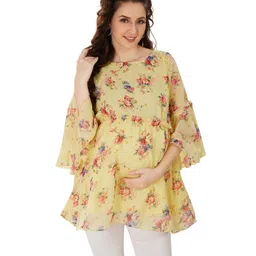 Mom for sure by Ketki Dalal Three Fourth Sleeves Maternity Cum Nursing Floral Printed Top - Yellow-picture-48