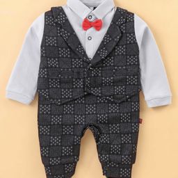 Mini Taurus Full Sleeves Party Rompers with Waistcoat and Bow Applique Argyle Print - Black-image-40