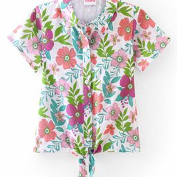 Babyhug Cotton Knit Half Sleeves Top with Knot Detailing Floral Print - White-image-97