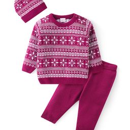 Babyhug Knitted Full Sleeves Sweater Set with Cap Intarsia Design -  Dark Pink-image-53