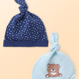Babyhug 100% Cotton Interlock Knit Stars & Bear Printed Caps with Knot Detailing - Pack of 2 - Blue-image-21