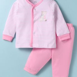 Zero Interlock Knit Full Sleeves Striped Night Suit with Bear Print - Pink-picture-3