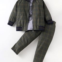 Rikidoos Full Sleeves Checked Jacket With Typography Printed Tee & Coordinating Pant Set - Grey & Green-image-18