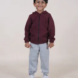 Kiddopanti Fleece Full Sleeves Hooded Quilted Jacket With Solid Joggers Set - Maroon & Grey Melange-picture-21
