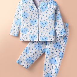 Ollypop Sinker Knit Full Sleeves Night Suit With Floral Print - Light Blue-image-48