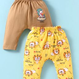 OHMS Single Jersey Knit Full Length Diaper Leggings Unicorn & Lion Print Pack Of 2 - Tan & Yellow-14