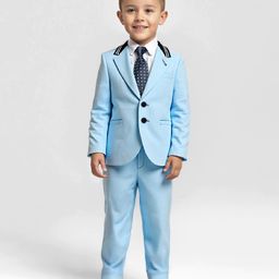 Babyhug Knit Full Sleeves 3 Piece Soild Color Party Suit - Light Blue & White-image-65