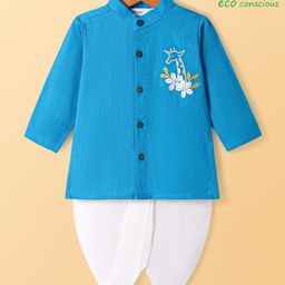 Babyoye 100% Cotton Woven Full Sleeves Dhoti & Kurta Set with Floral Embroidery - Blue-image-12