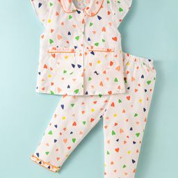 Dew Drops Poplin Knit Half Sleeves Co-Ord Night Suit With Hearts Print - Off White-image-61
