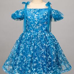 Pine Kids Woven Cold Shoulder Sleeves Party Dress With Floral Print - Blue-image-33