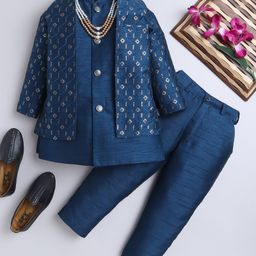 Ahhaaaa Brocade Full Sleeves Solid Kurta Pyjama With Sequin Embellished & Embroidered Jacket & Maala Set - Navy Blue-image-43