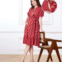 Bella Mama Woven Half Sleeves Floral Printed Maternity Dress with Pocket - Maroon-picture-3