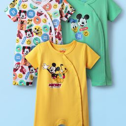 Babyhug Disney Interlock Knit Half Sleeves Rompers with Mickey Mouse & Friends Print Pack of 3 - White Green & Yellow-image-38