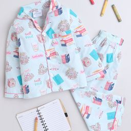 Knitting Doodles Pure Cotton Woven Full Sleeves Books Printed Coordinating Night Suit Set - Light Blue-image-96