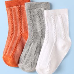 Cute Walk By Babyhug Knit Ankle Length Anti Bacterial Solid Socks Pack of 3 - White Grey & Orange-image-60