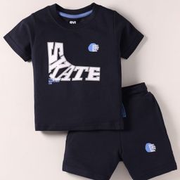 Evimo Single Jersey Knit Half Sleeves T-Shirt & Shorts Set With Skate Print - Navy Blue-image-42